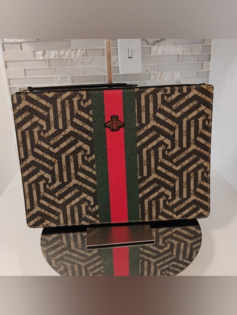 EUC Gucci GG Monogram Clutch w/Web Stripes & Geo Pattern
